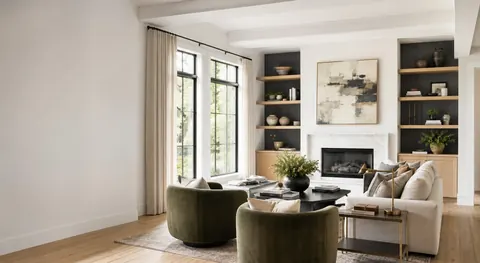 Polished interior room with installed art and window treatments